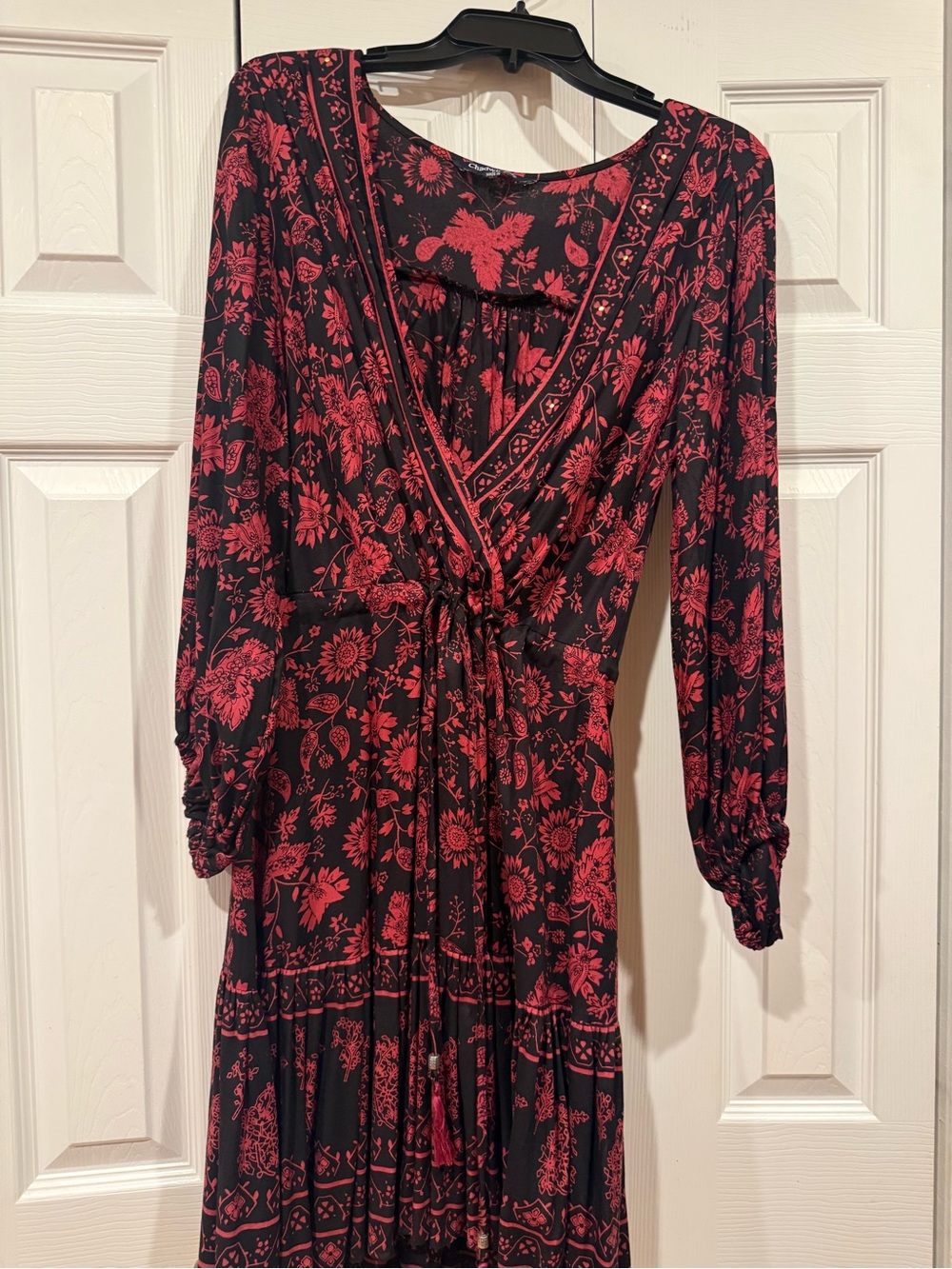 Chadwicks Black Dress with Red Floral Print, Long Sleeve Maxi